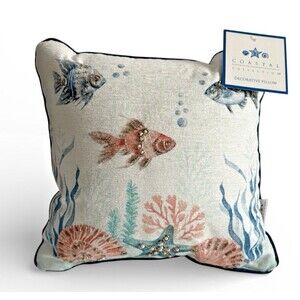 Coastal Collection Fish Beaded Decorative Throw Pillow 12 X 12” Beach Ocean